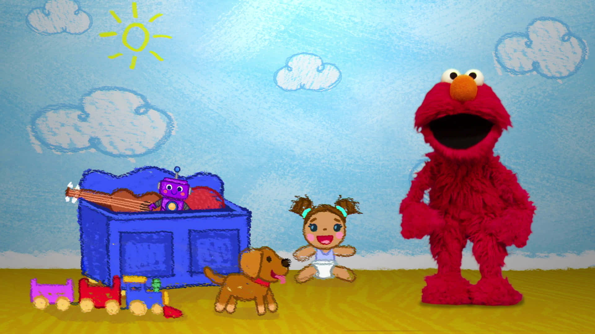 Elmo 同一個女嬰喺陽光普照嘅天空下玩玩具。