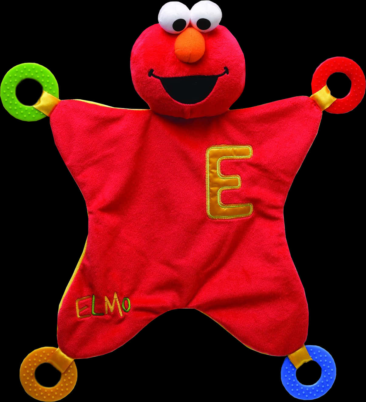艾摩絨毛毯玩具 壁紙 — 一個紅色 Elmo 毛絨玩具，手臂和腿上有彩色紋理環，背景為黑色。