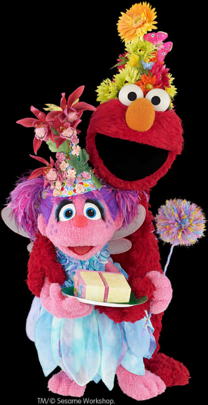 艾摩與朋友慶祝 壁紙 — Elmo 和 Abby Cadabby 穿著節日花卉服裝，在黑色背景前與生日蛋糕愉快地擺姿勢。