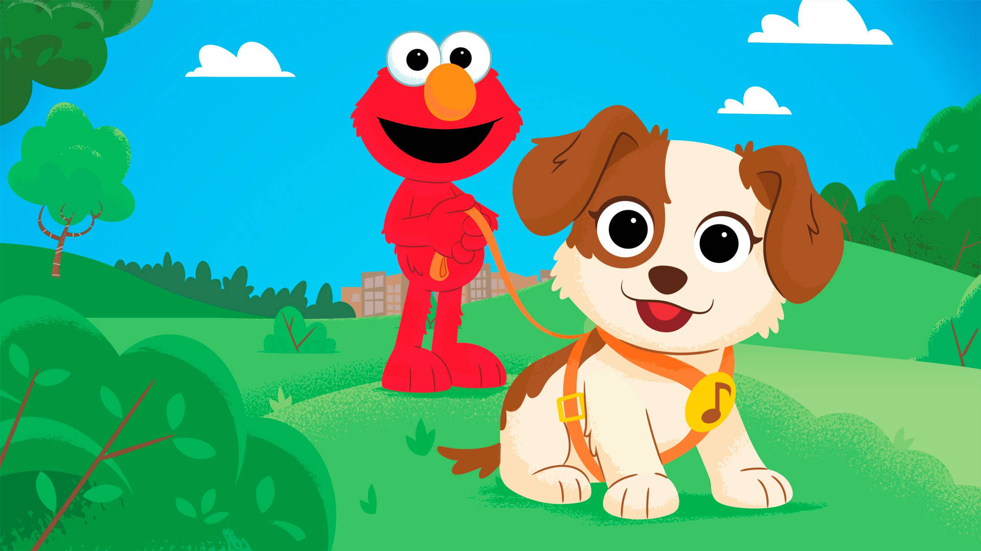 Elmo 喺陽光普照嘅公園入面，用狗帶拖住一隻微笑嘅小狗。