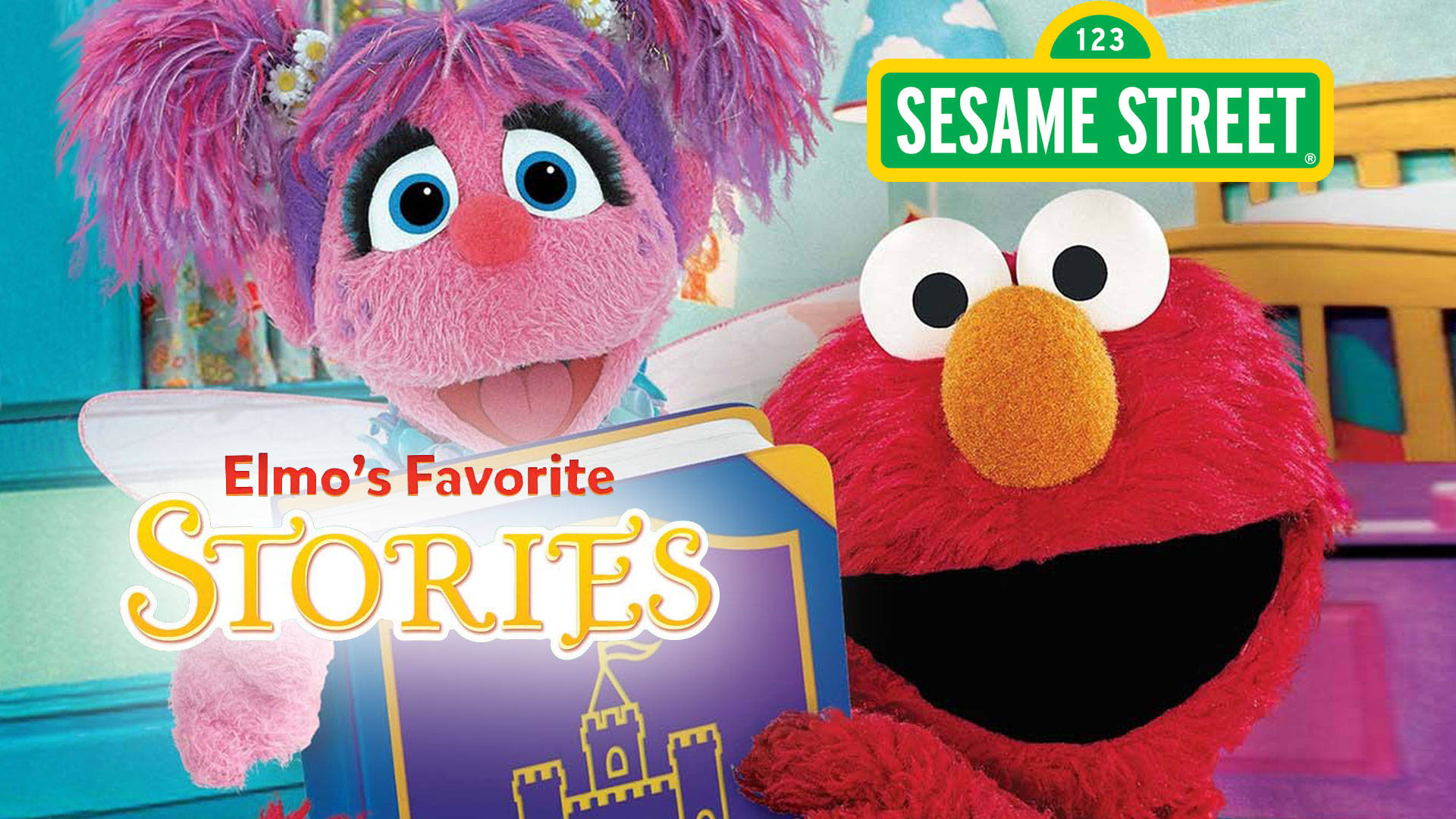 Elmo 和 Abby Cadabby 拿著一本故事書，身後有 Sesame Street 標誌。