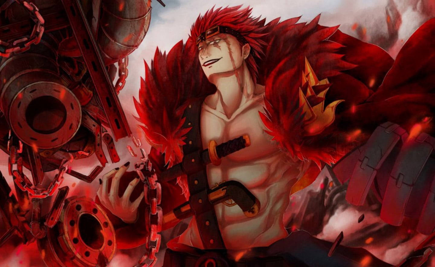 艾斯·基德烈焰紅藝術 壁紙 — 一位紅髮動漫戰士，手持劍和機械鎖鏈，身處火紅煙霧和碎片之中。