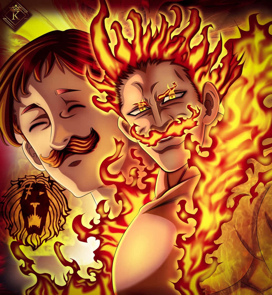 艾斯卡諾揮舞「太陽」一對萬敵之力 壁紙 — 兩個動漫男子，頭髮如火，火焰吞噬他們的身體，背景是發光的橙色。