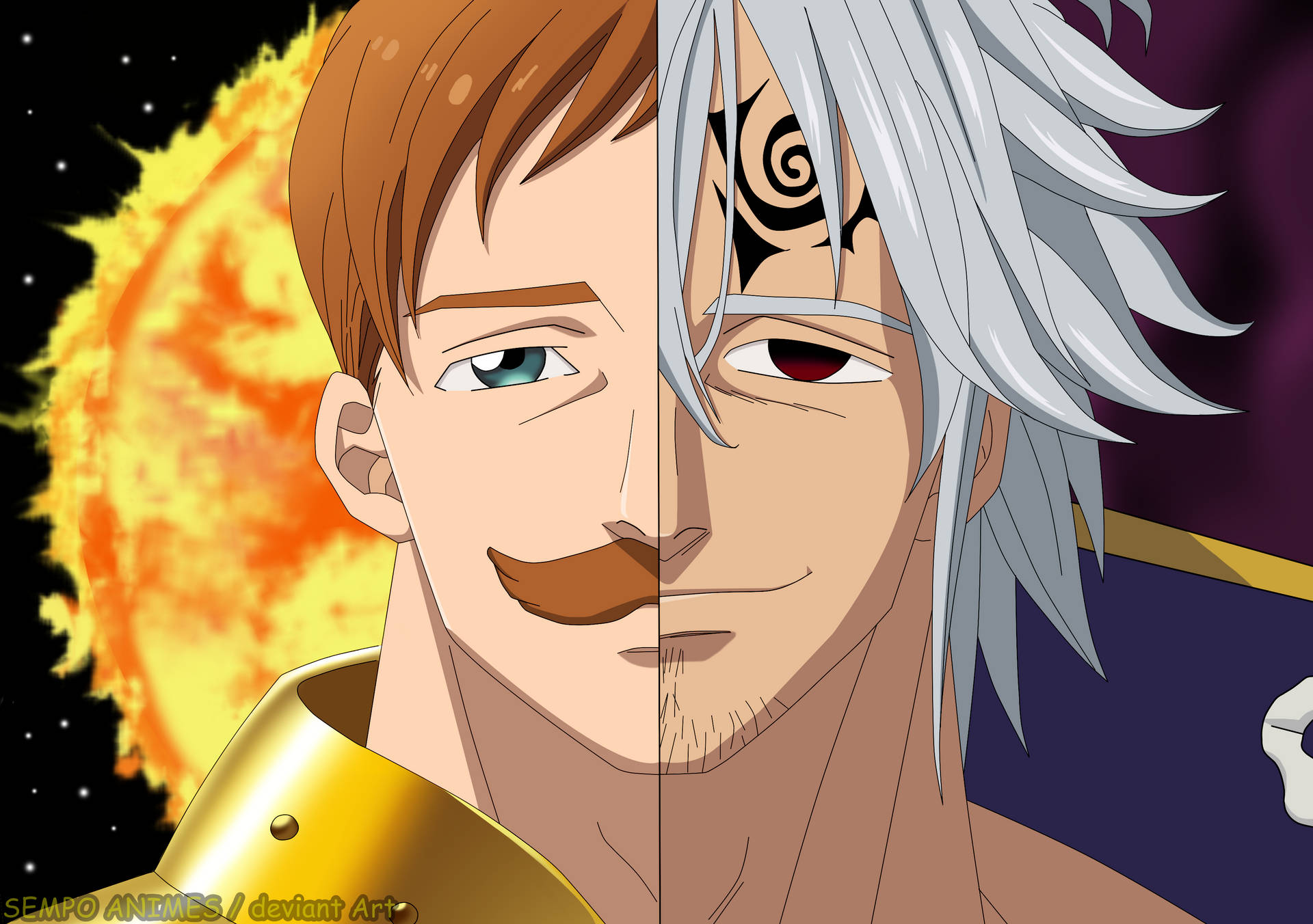 動漫男性分裂面孔，帶有火熱橙色和星空背景。