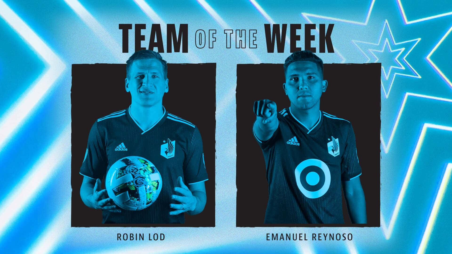 兩名足球運動員出現在帶有霓虹藍色星星的「Team of the Week」圖形中。