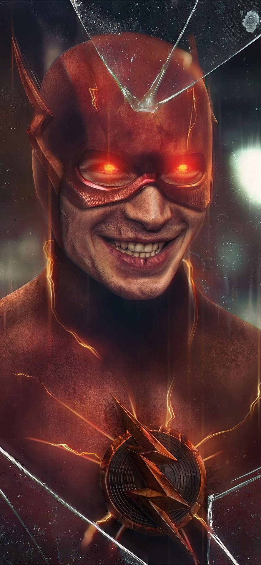 The Flash 超級英雄，眼睛發光，臉上帶有閃電效果。