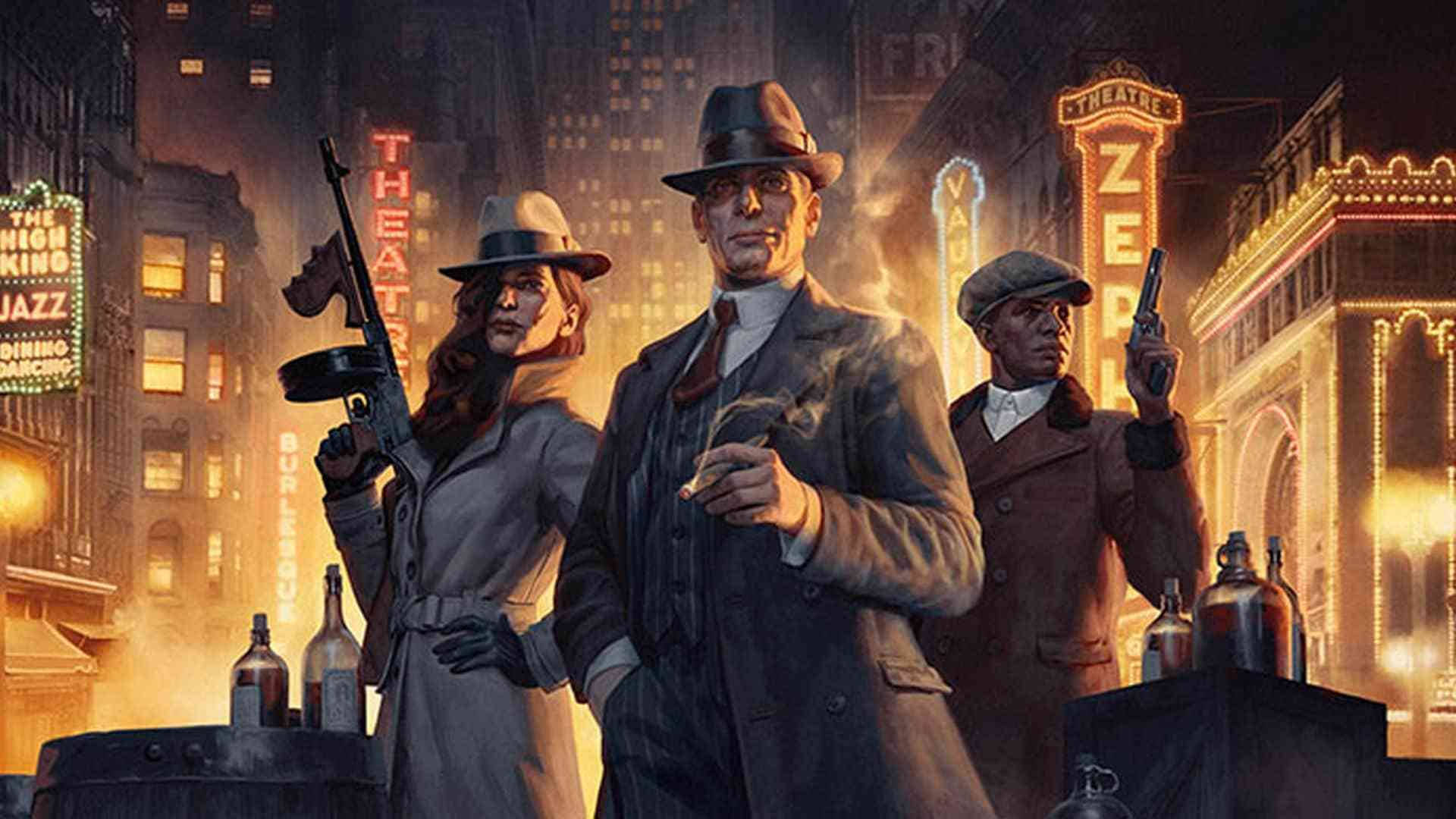 艾爾·卡彭《罪惡帝國》遊戲 壁紙 — 三名戴著紳士帽的武裝幫派分子在夜晚霓虹燈閃爍的1920年代城市街道上挑釁地站立。