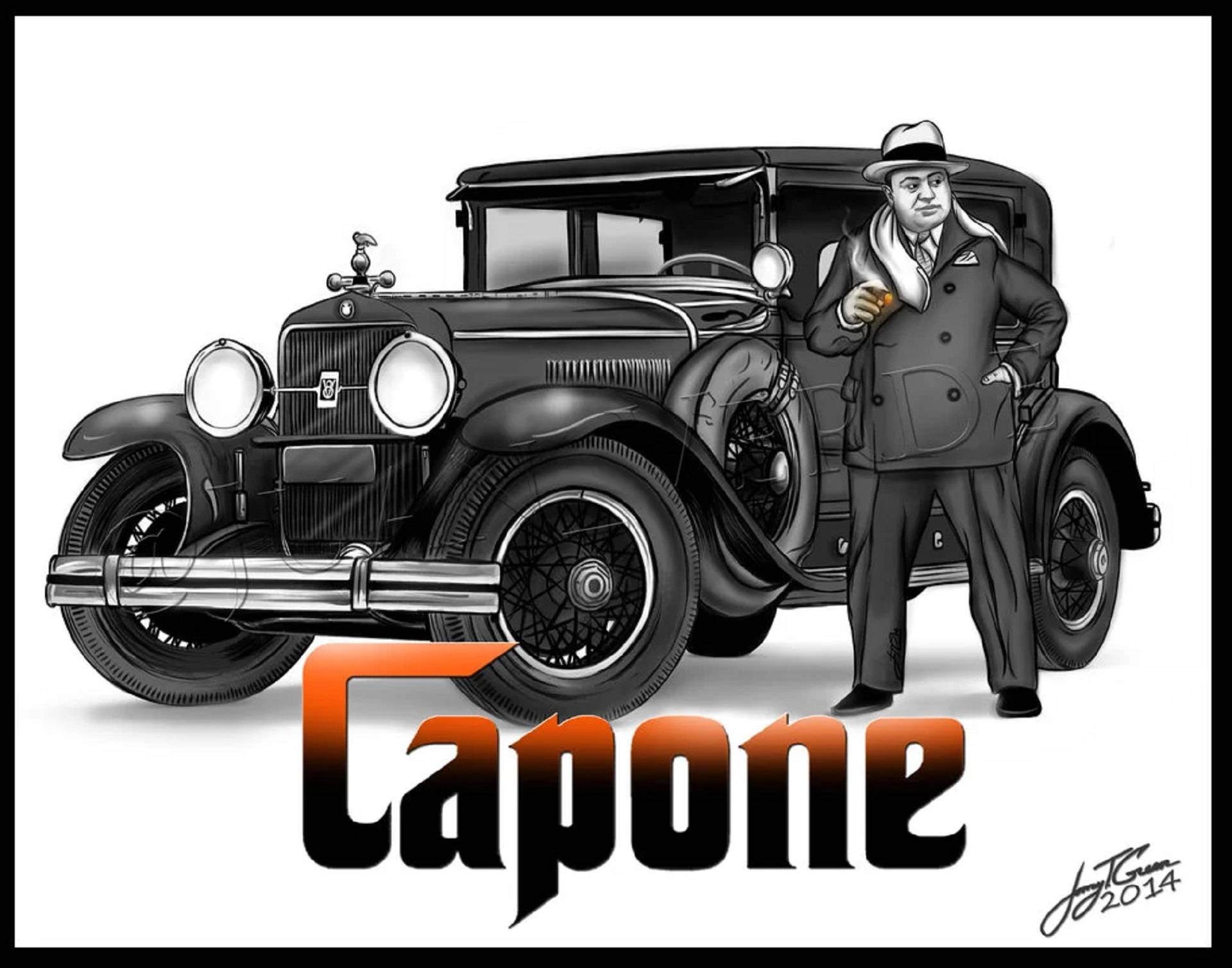 艾爾·卡彭與古董車 壁紙 — 一幅風格化的插圖，描繪阿爾·卡彭戴著軟呢帽和外套，站在一輛1930年代復古汽車旁，下方有粗體橙色「Capone」文字。