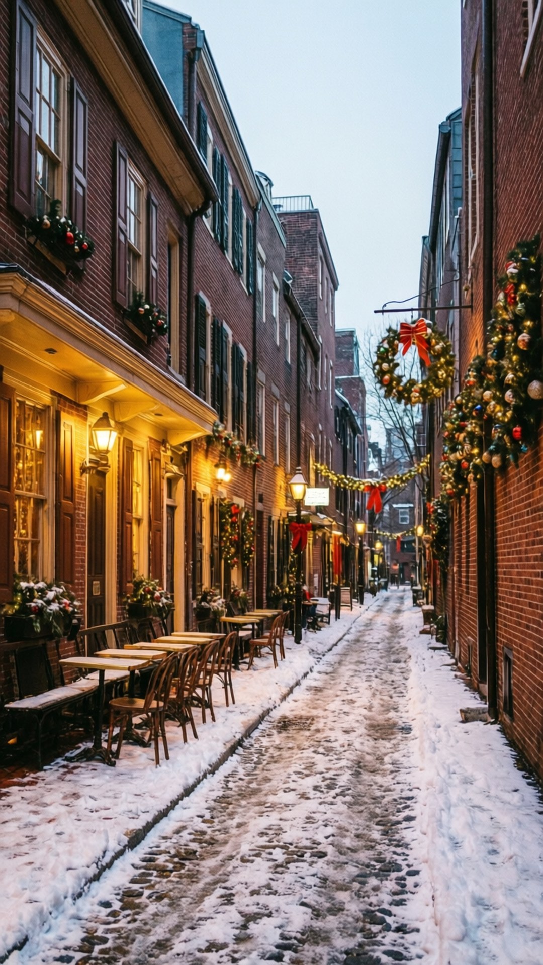 白雪覆蓋的小巷，兩旁是磚砌建築和節日裝飾