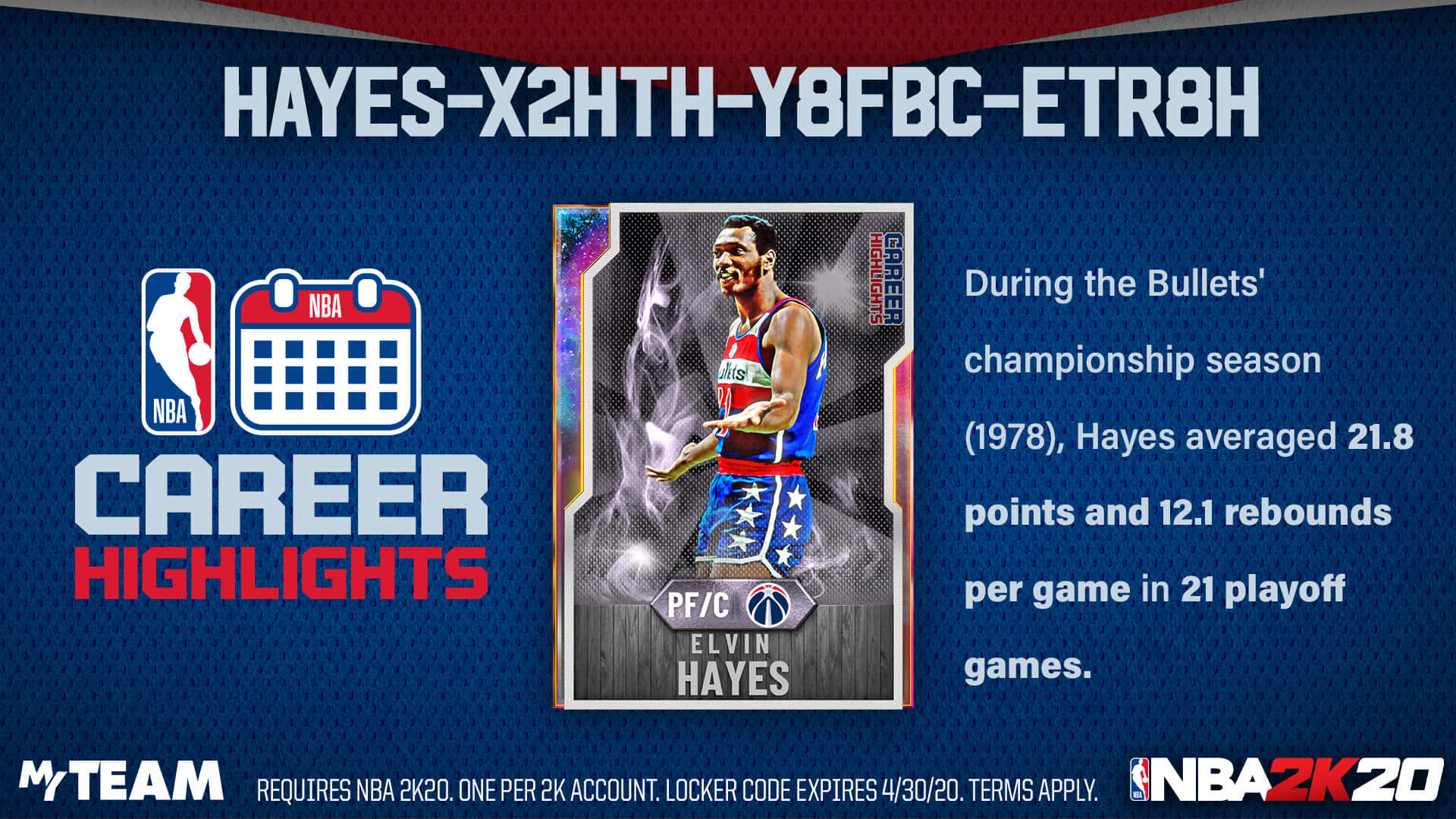 NBA 2K20 MyTeam卡，展示Elvin Hayes在1978年Bullets季後賽賽季的職業生涯數據。