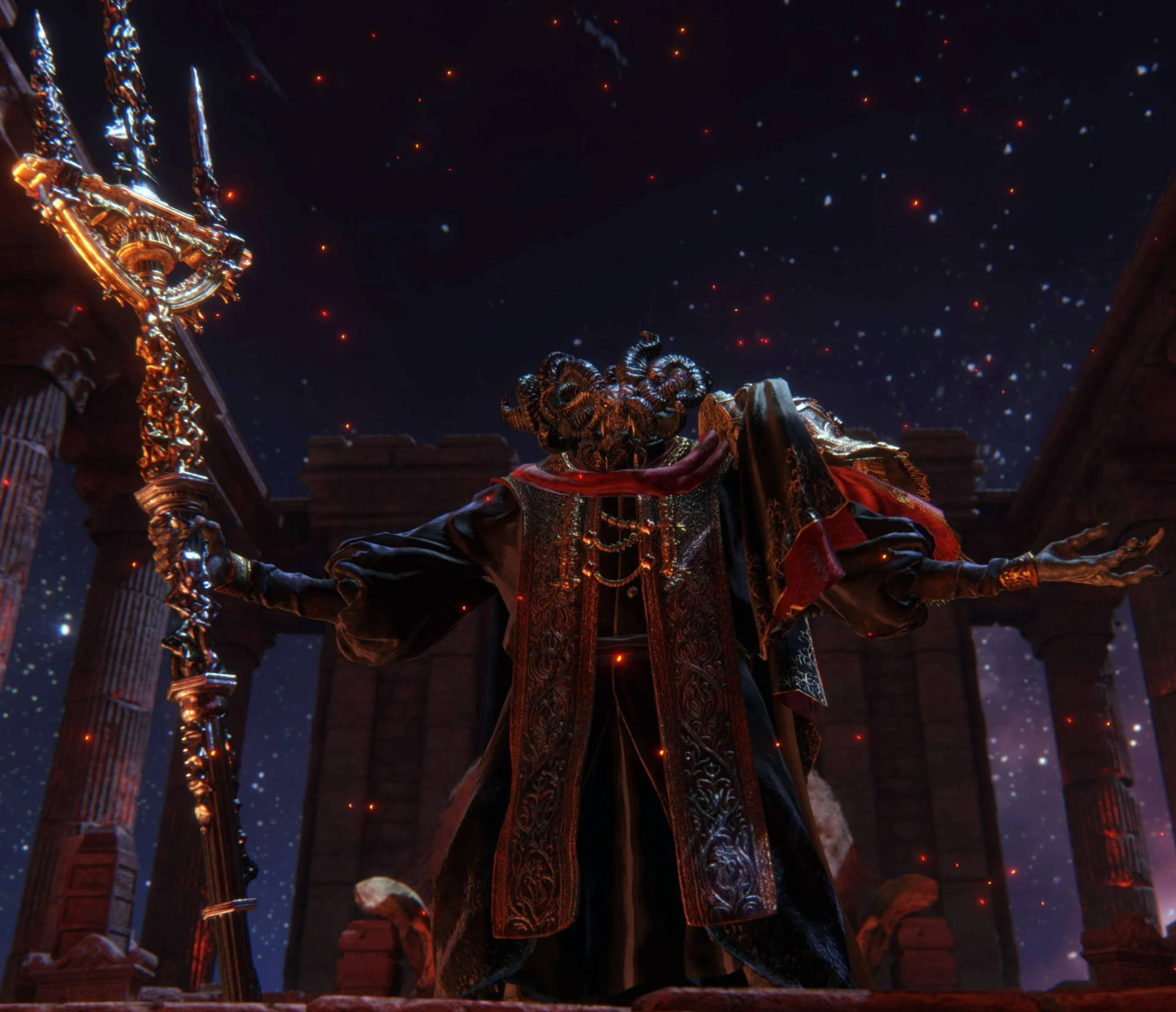 有角的惡魔般人物在星空下的古代廢墟中手持發光的手杖 — 艾爾登法環 壁紙