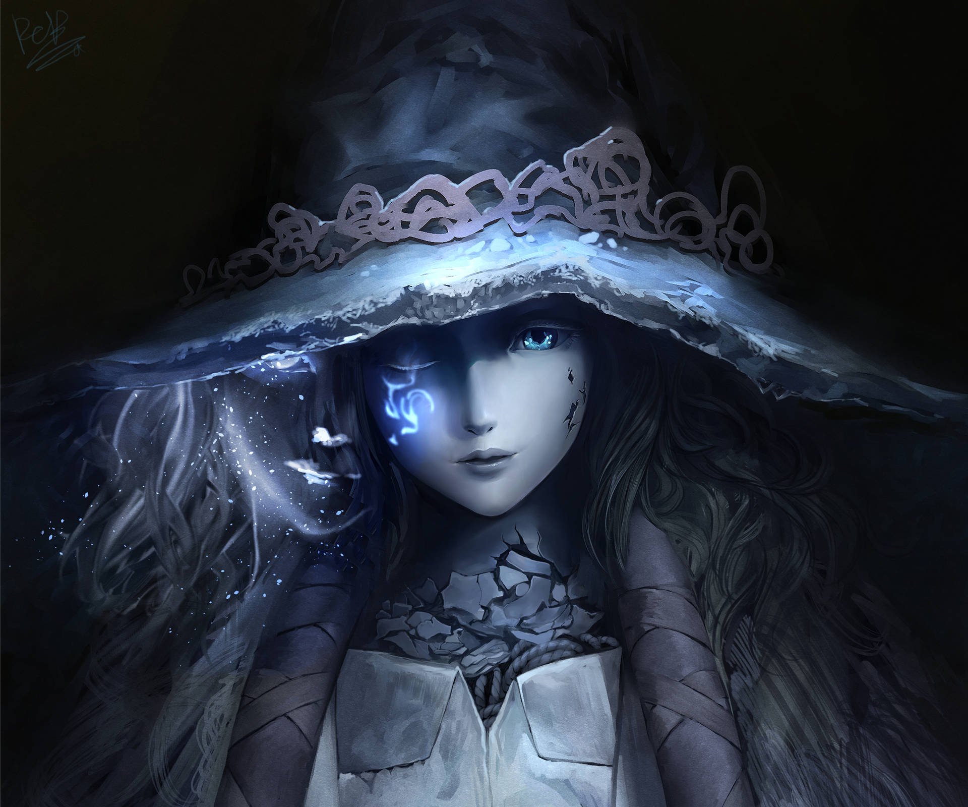一個戴兜帽的動漫女巫，擁有發光的藍色眼睛和魔法能量。 — 艾爾登法環 壁紙