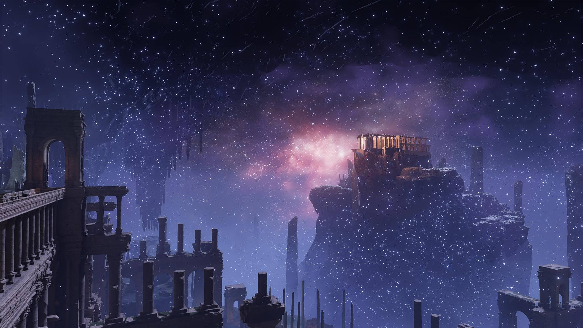 星空下，發光的粉紅色星雲旁的古代石遺跡。 — 艾爾登法環 壁紙