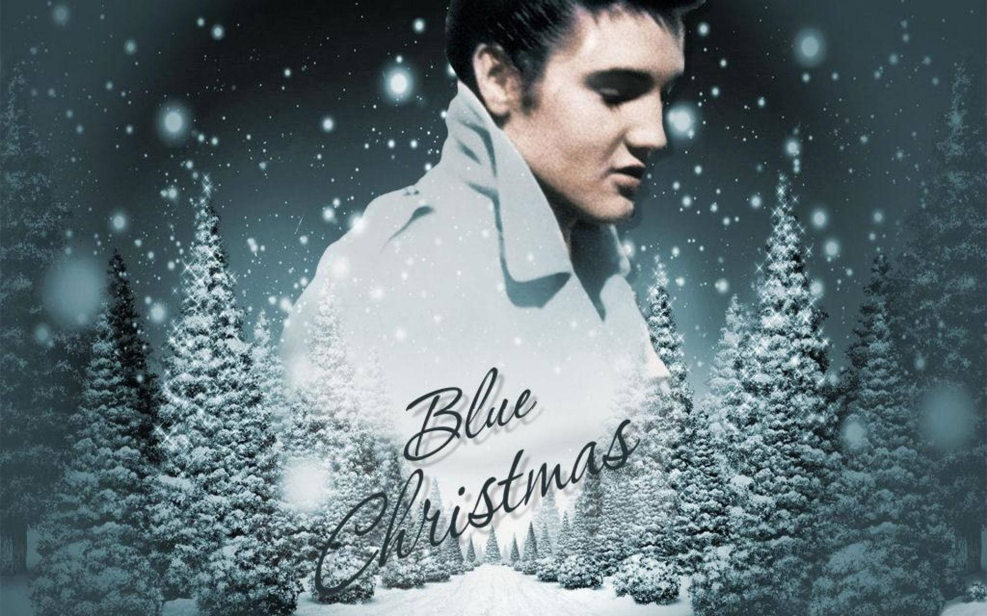 貓王皮禮士利在雪林中，帶有「Blue Christmas」字樣。 — 貓王 壁紙