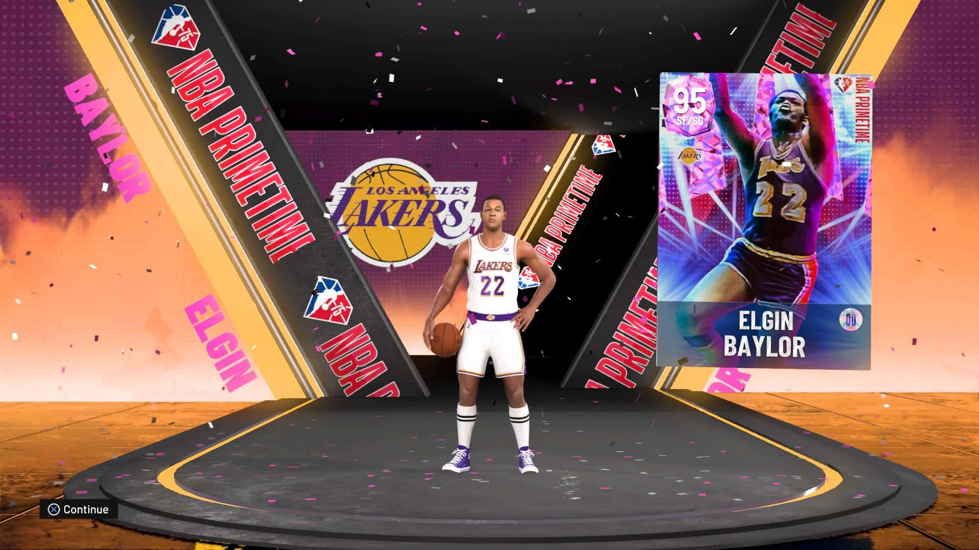 NBA 球員埃爾金·貝勒身穿湖人隊制服，站在有五彩紙屑的數碼遊戲舞台上。
