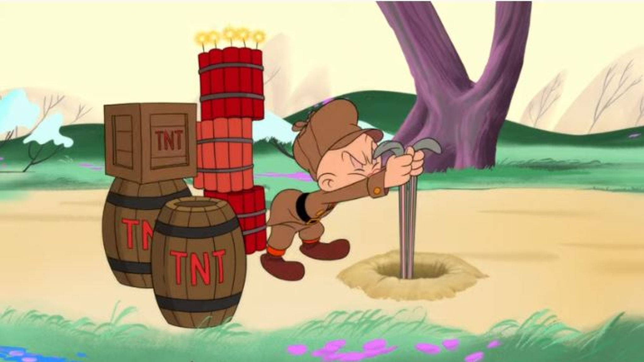 艾爾默 Fudd TNT 壁紙 — 在紫色樹下的草地上，一個卡通士兵在TNT桶和一堆炸藥旁邊挖洞。
