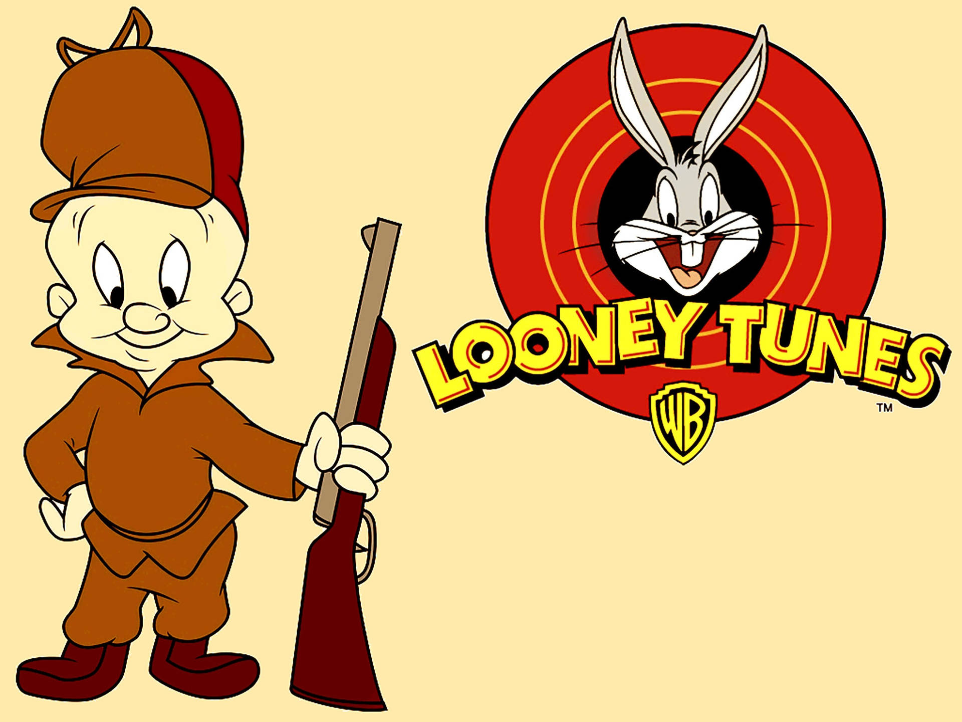 賓尼兔在靶心，有 Looney Tunes 標誌，獵人持步槍。