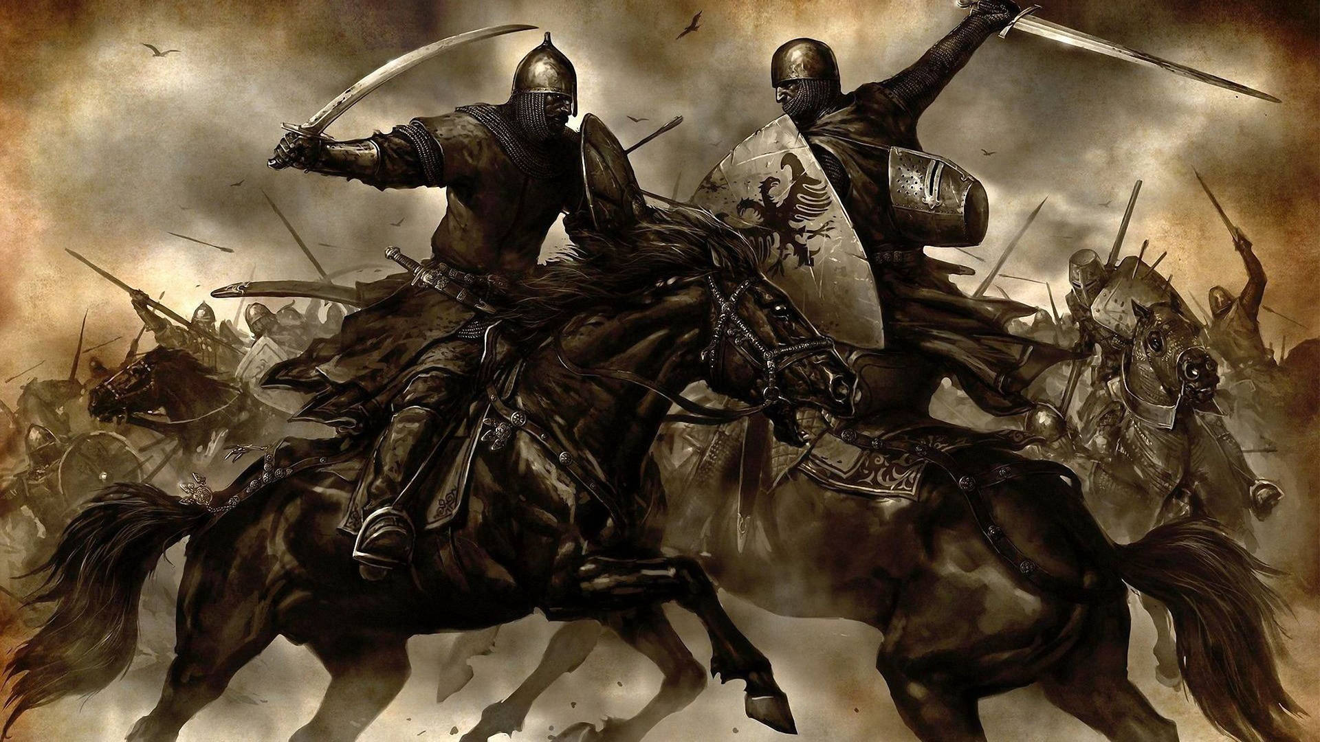 兩名身穿鎧甲的騎士騎馬在中世紀戰鬥中用劍交戰。