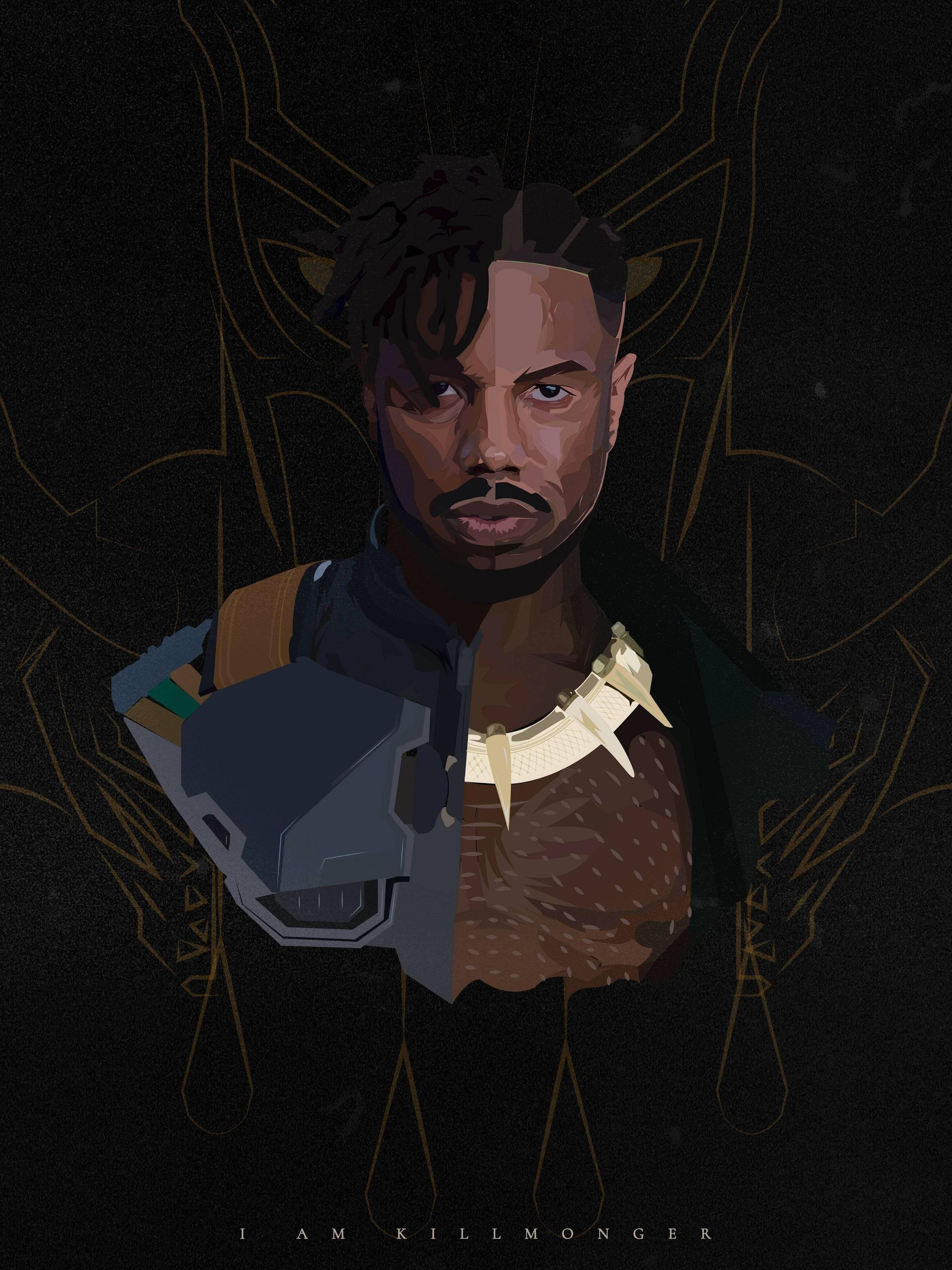 艾瑞克·殺手王畫作 壁紙 — 一個風格化的 Killmonger 數碼肖像，從中間分開，展示他穿著盔甲和赤裸上身的形態，背景為深色，帶有金色的瓦干達符號。