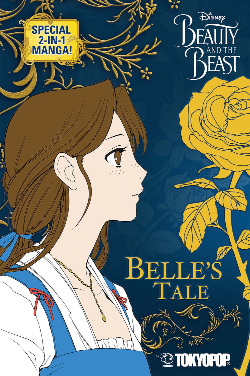 《美女與野獸》中的貝兒在漫畫風格插圖中凝視著金色玫瑰。 — 美女與野獸 GIF 壁紙