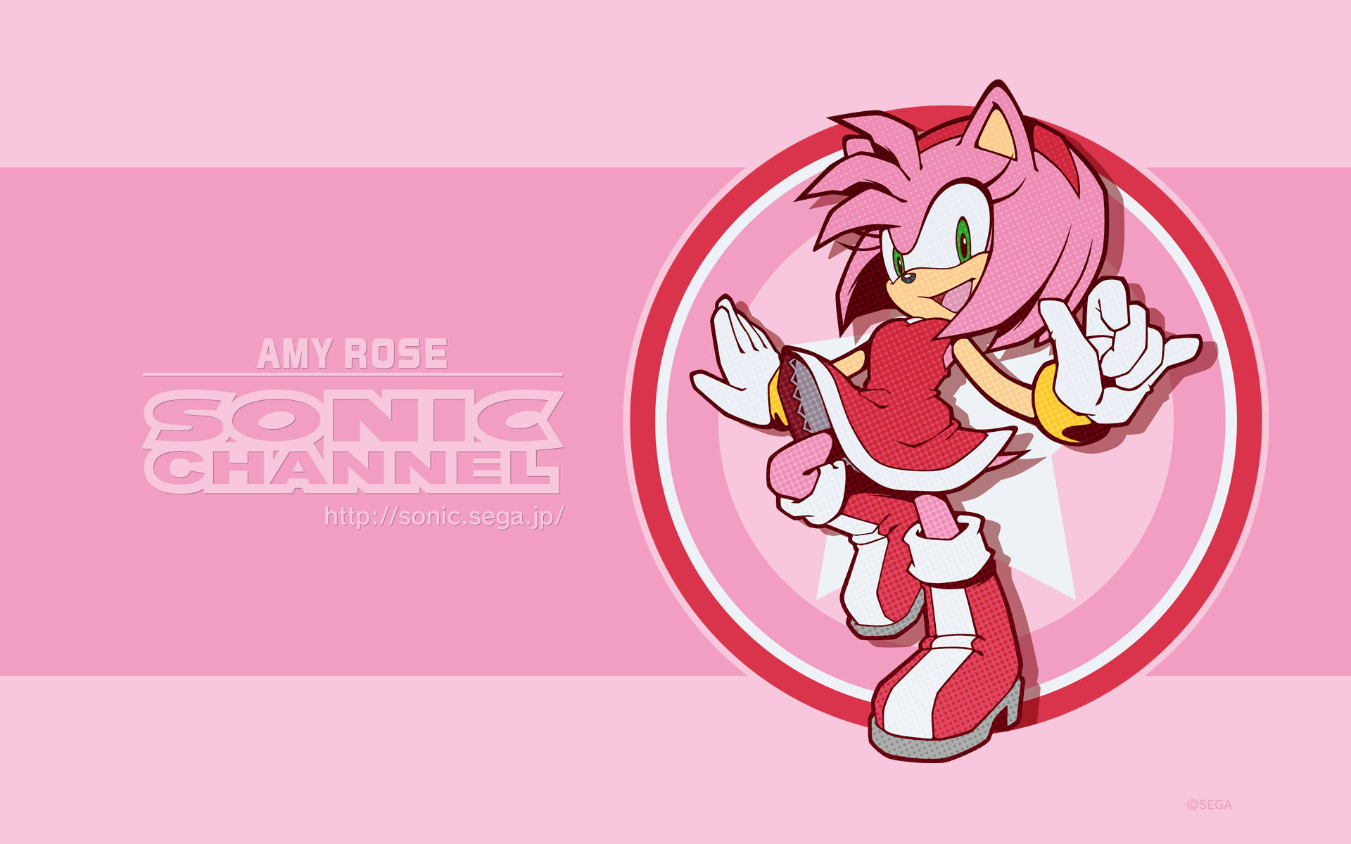 來自 Sonic Channel 的 Amy Rose 穿著紅色連衣裙在粉紅色背景上開心地擺姿勢。