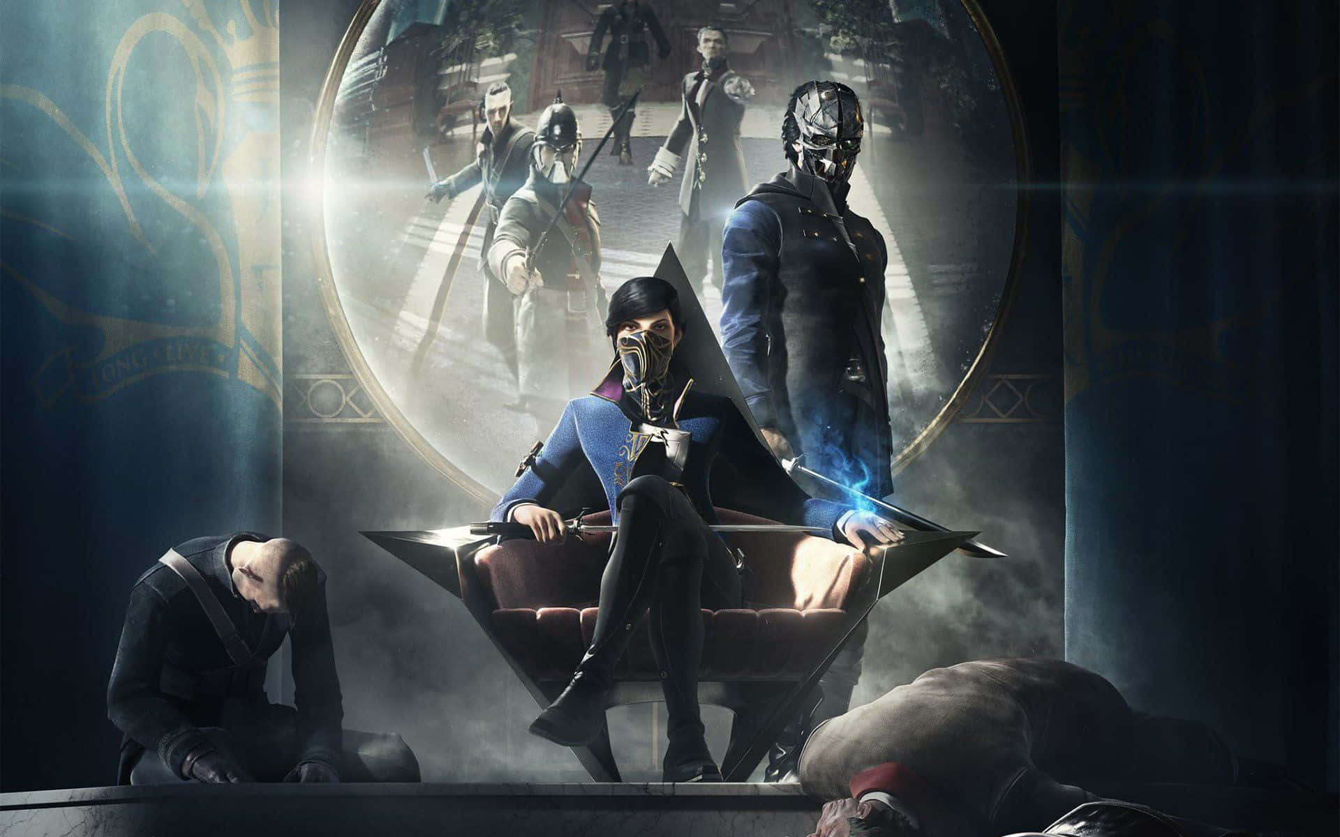 艾米莉·卡爾丁坐於王座——最佳《Dishonored 2》背景 壁紙 — 一位戴面具的戰士威嚴地坐在王座上，陰影人物在黑暗霧氣瀰漫的房間中，於發光傳送門後隱現。