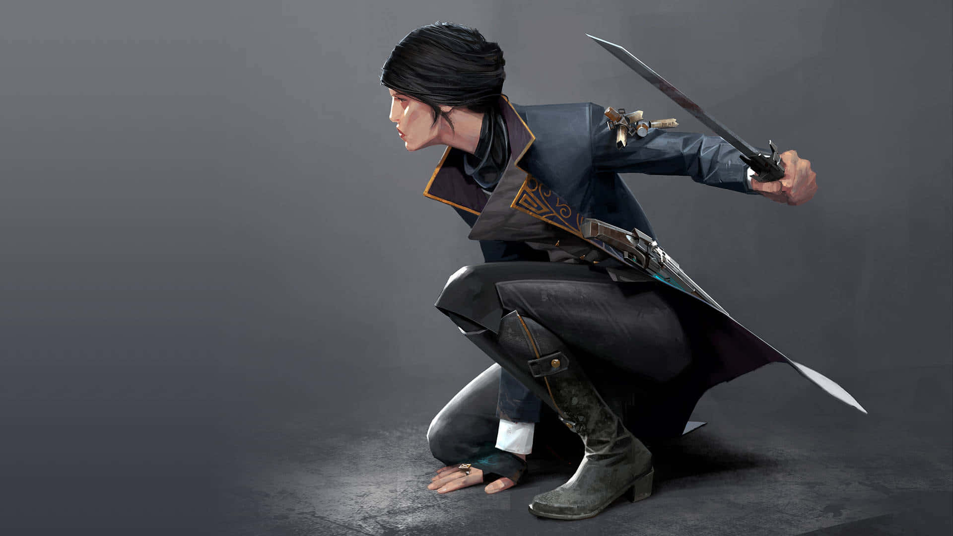 艾米莉·卡爾丁持摺疊刀——最佳《Dishonored 2》背景 壁紙 — 一位優雅的動漫戰士在黑暗的攝影棚中蹲伏，專注地揮舞著閃亮的劍。