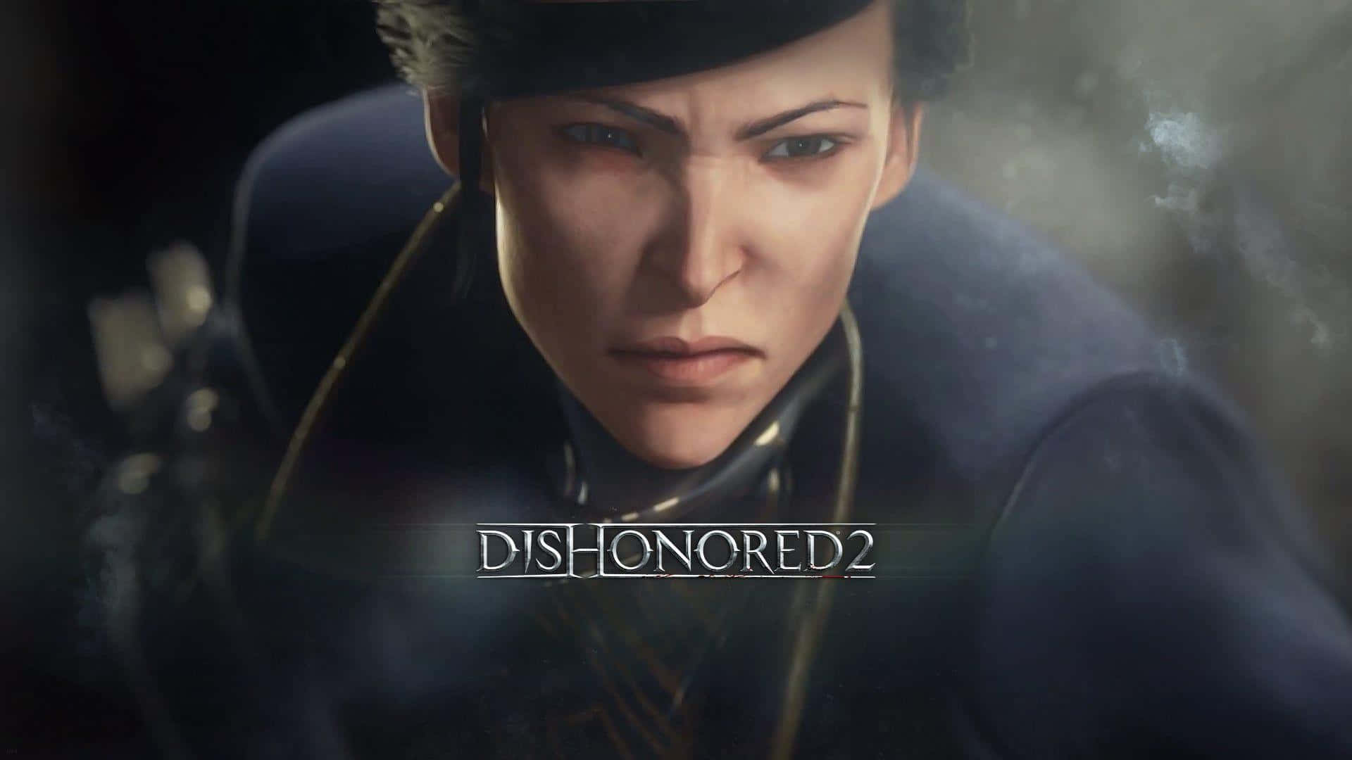 艾米莉·卡爾丁與遊戲標題——最佳《Dishonored 2》背景 壁紙 — 《Dishonored 2》中，一個身穿深色服裝、神情堅定的女性角色特寫，背景煙霧瀰漫。