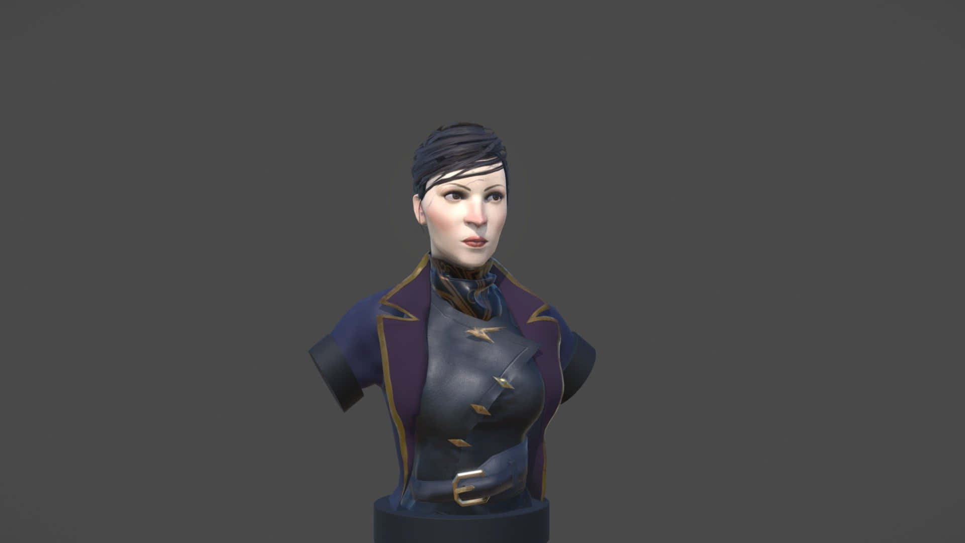 艾米莉·卡爾文 3D 模型最佳《Dishonored 2》背景 壁紙 — 一個數碼半身像，描繪一位深色頭髮、穿著紫色和金色服裝的女性，背景為純灰色。