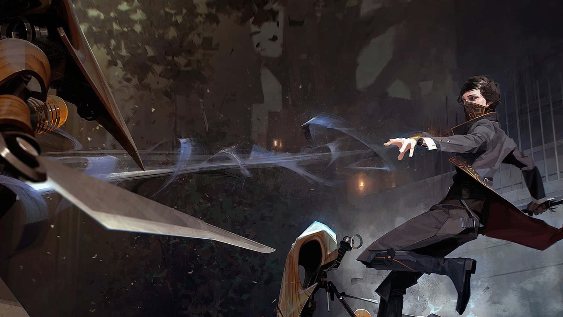 艾米莉·卡爾文使用「遠距」能力最佳《Dishonored 2》背景 壁紙 — 一個戴面具、身穿深色外套的人物跳過迷霧廢墟，揮舞發光能量刃對抗機械敵人，上演電影般的動漫戰鬥。