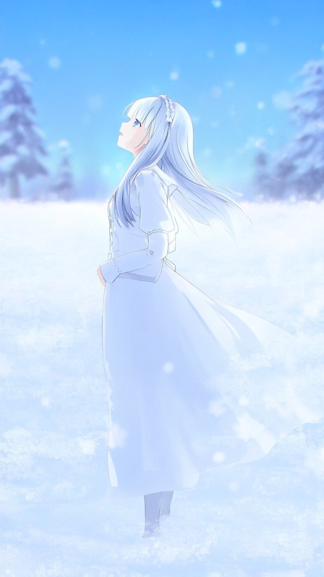銀發動漫女孩穿白色連衣裙站在雪地，藍天下雪花飄落
