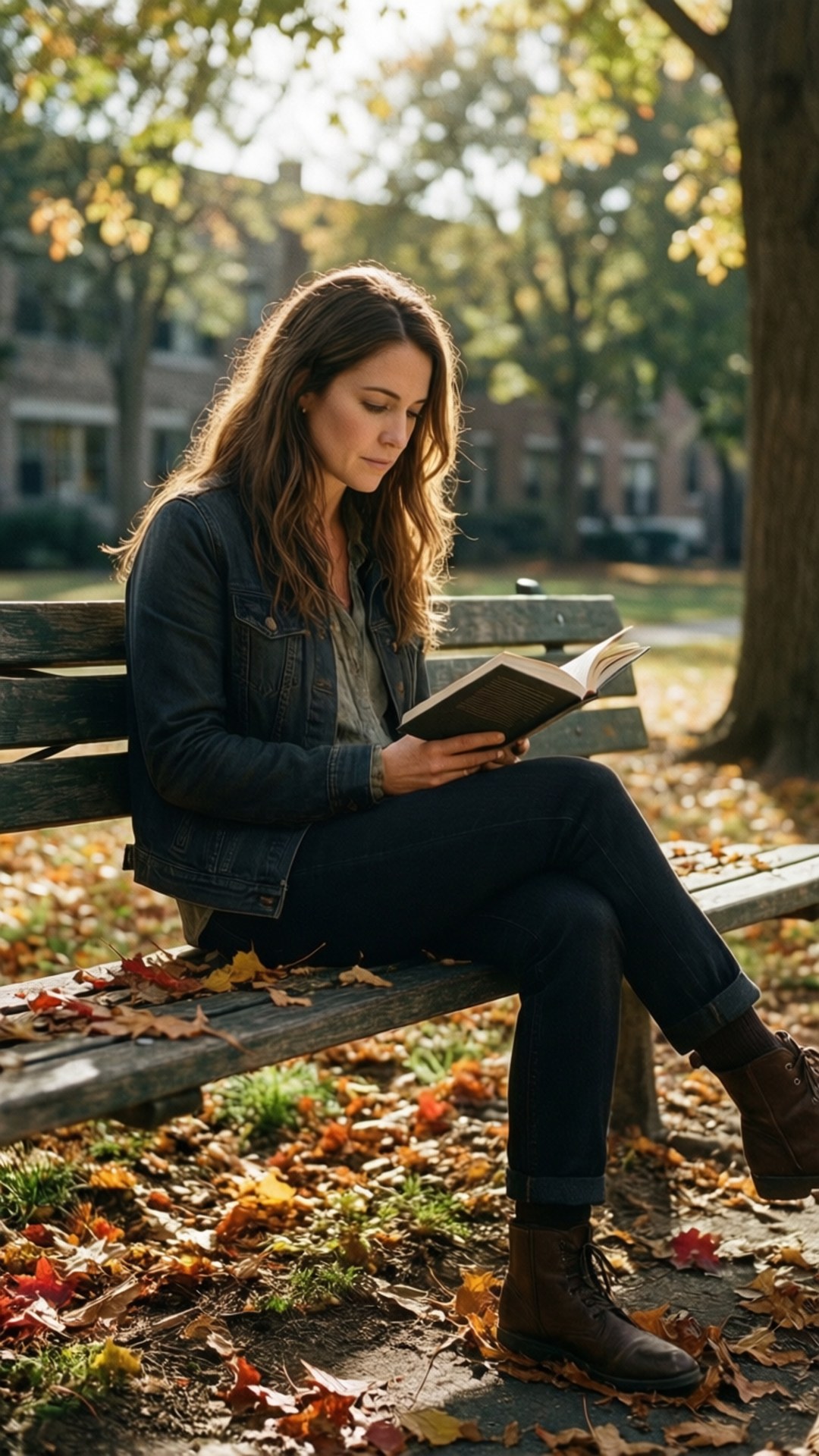 女士喺公園長凳上，喺色彩繽紛嘅秋葉中睇書