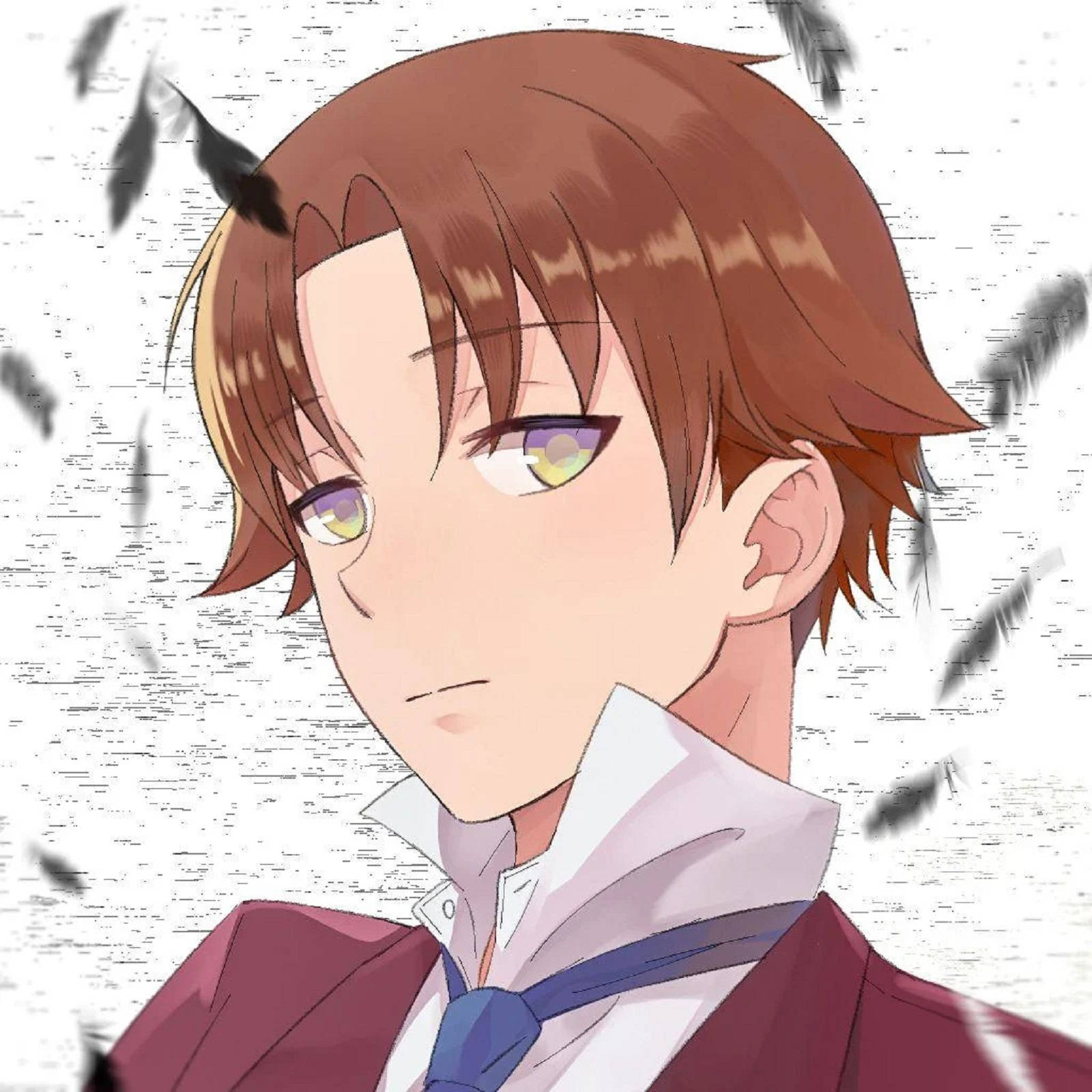 艾納科吉與黑羽 壁紙 — 動畫男孩，棕色頭髮，紫色眼睛，穿著校服，黑色羽毛在他周圍飄動，背景是帶紋理的白色。