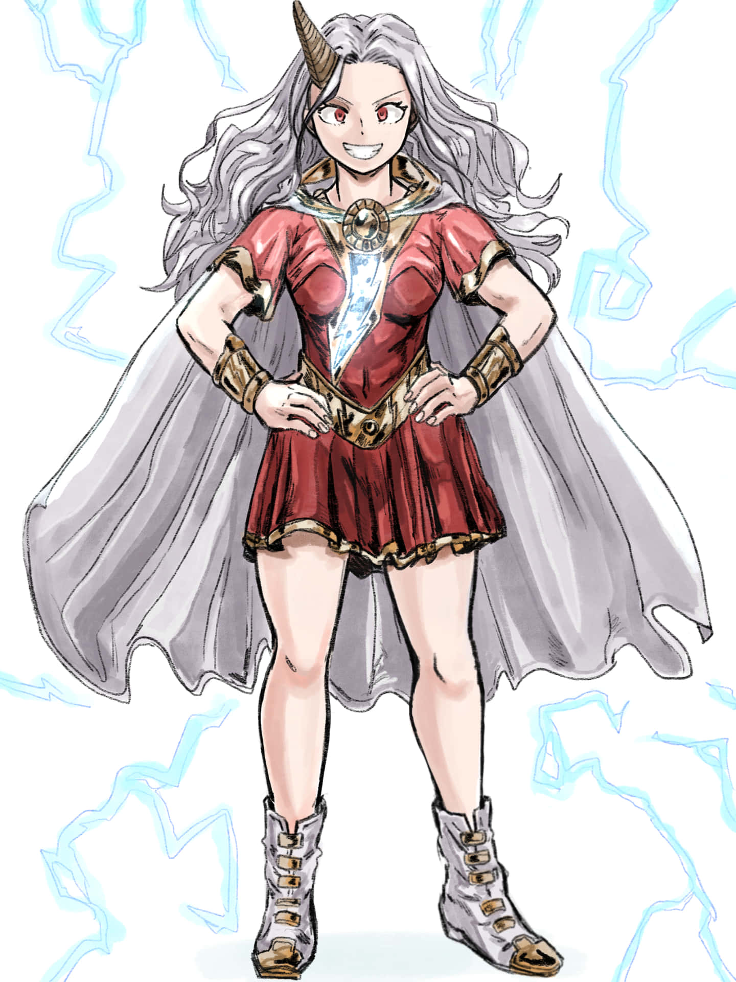 艾莉 My Hero Academia 粉絲藝術 壁紙 — 一個自信的動漫女孩，銀色頭髮和一個角，穿著紅色和金色的服裝，周圍有閃電效果。