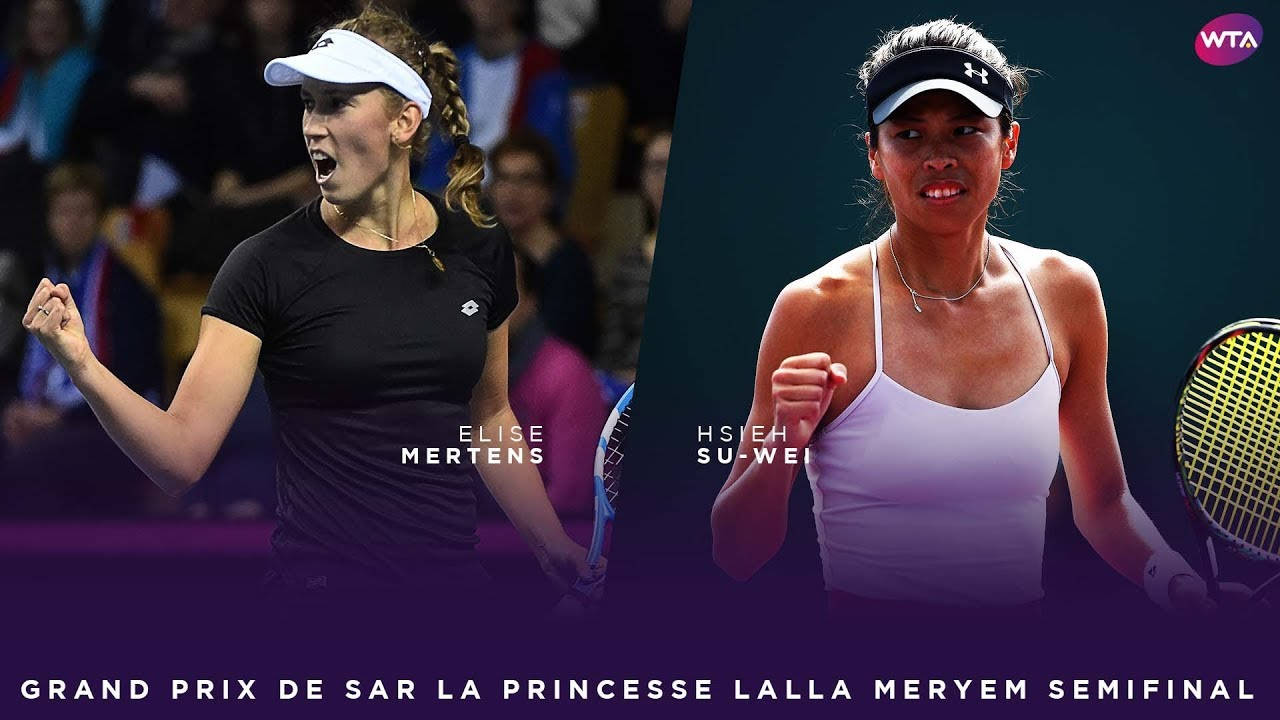 艾莉斯·梅爾騰斯與謝淑薇並列 壁紙 — 兩名女子網球選手在明亮的體育場燈光下，於WTA準決賽中激烈慶祝。