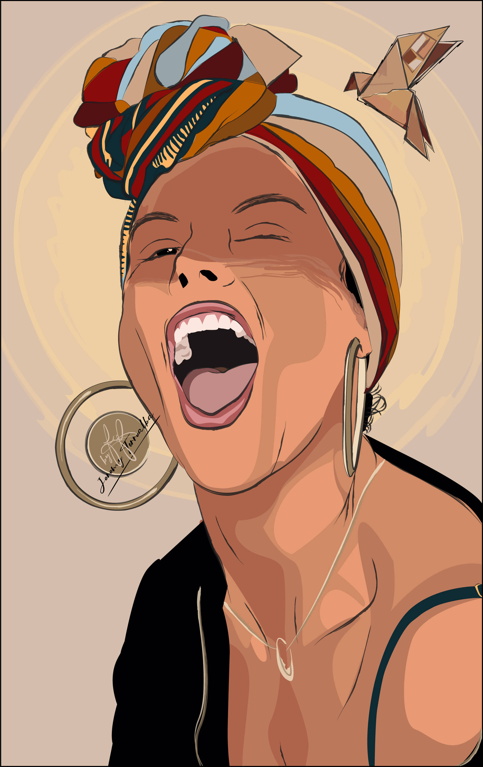 艾莉西亚·凱斯數位插畫 壁紙 — 一幅充滿活力的數碼插圖，描繪一位戴著彩色頭巾和大圈耳環的快樂女性開懷大笑。