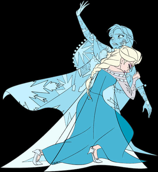 艾莎《冰雪奇緣》女王姿勢 壁紙 — 艾莎穿著飄逸的藍色長袍，在 stark 黑色背景上擁抱安娜，帶有冰霜圖案和戲劇性燈光。