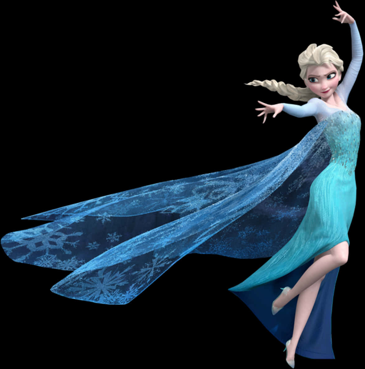 艾莎《冰雪奇緣》角色姿勢 壁紙 — 《魔雪奇緣》的愛莎身穿綴有雪花圖案的飄逸藍色長裙，在黑色背景前優雅起舞。
