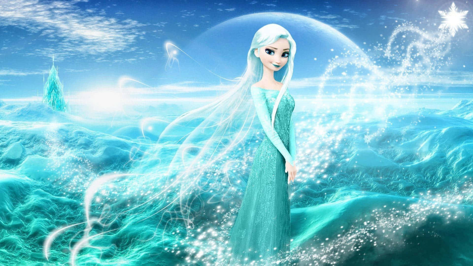 魔雪奇緣2 桌布 壁紙 — 艾莎優雅地站在閃爍的冰景中，流動的魔法和發光的雪花在她上方。