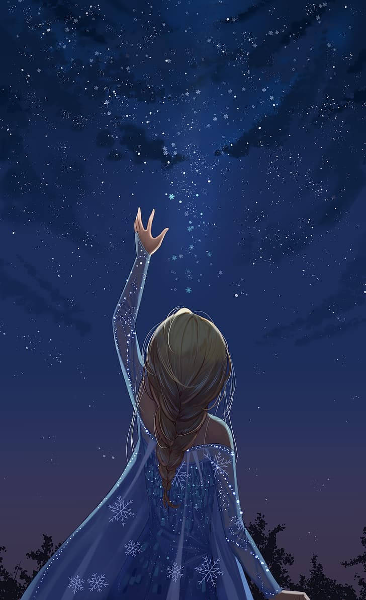 穿著藍色雪花裙的女孩在夜空下伸手觸及星星
