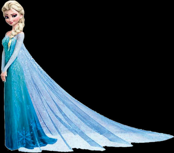 艾莎冰雪奇緣角色肖像 壁紙 — 《魔雪奇緣》中的愛莎身穿帶有雪花圖案的飄逸藍色長裙，站在黑色背景前。