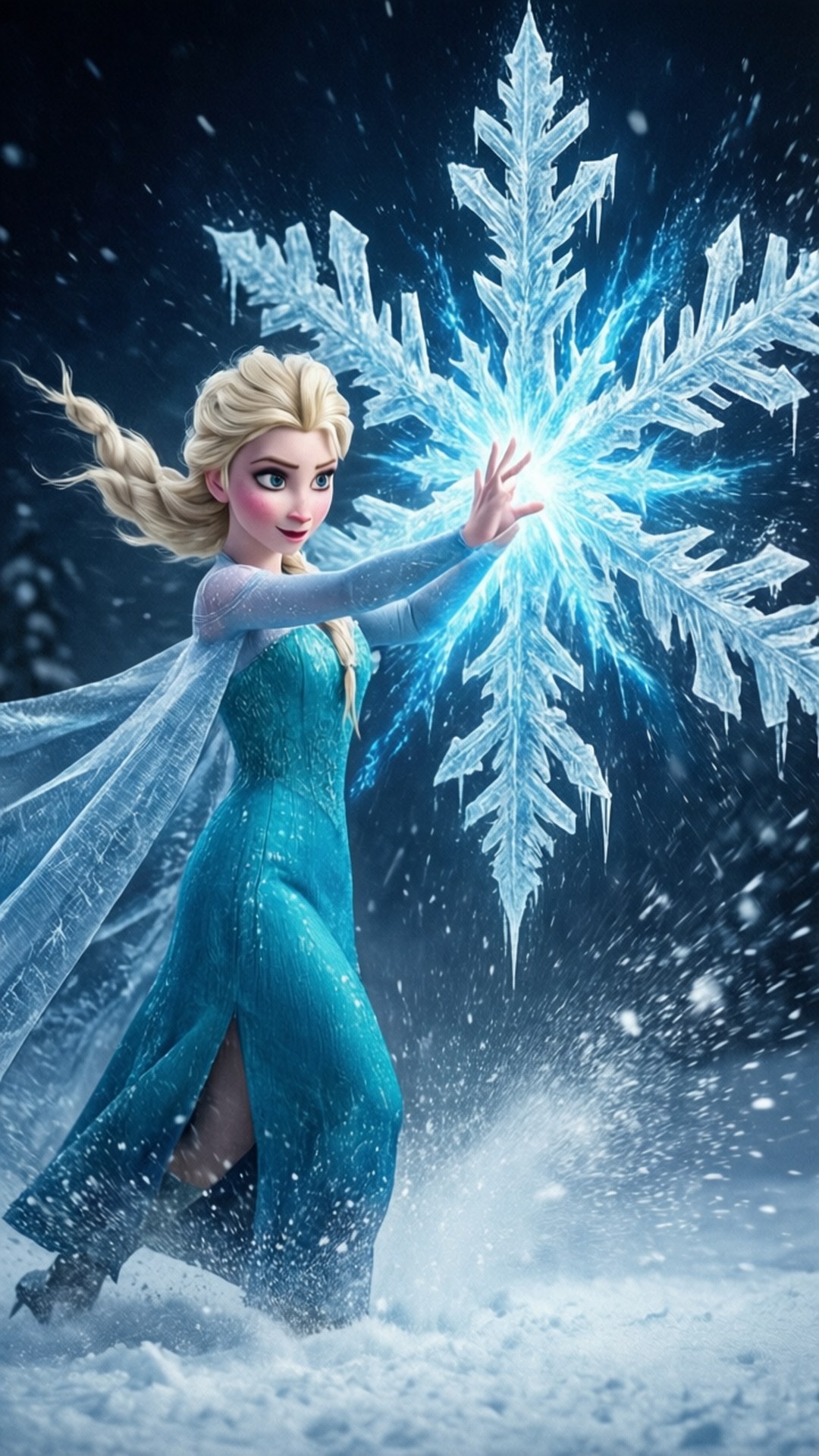艾莎公主在雪白的冬季場景中創造出一個巨大的發光雪花。