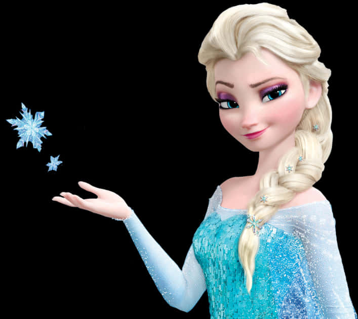 艾莎召喚雪花 壁紙 — 《魔雪奇緣》的愛莎微笑著，從她伸出的手中輕輕召喚出發光的藍色雪花，背景為黑色。