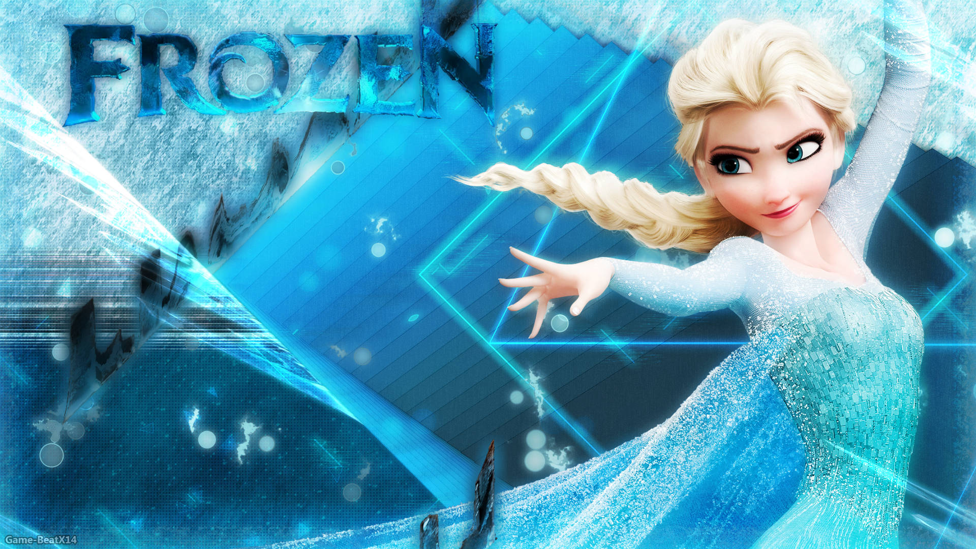 艾莎抽象背景 壁紙 — 《魔雪奇緣》的愛莎身穿閃爍藍色長裙，在水晶般魔法背景下優雅地操控冰雪魔法。