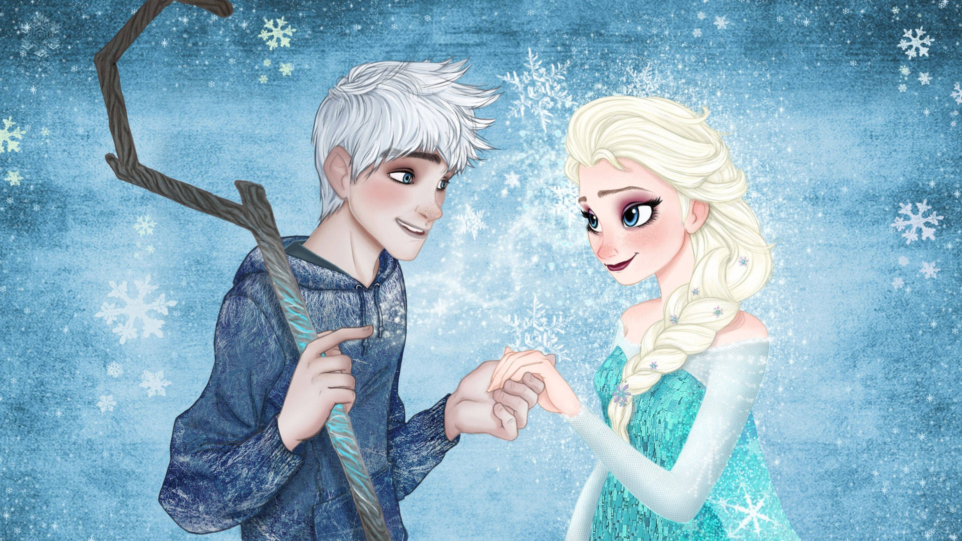 艾莎與傑克·弗羅斯特的甜蜜時刻 壁紙 — Jack Frost 和 Elsa 在雪藍色背景上牽手，背景有飄落的雪花和冰枝。