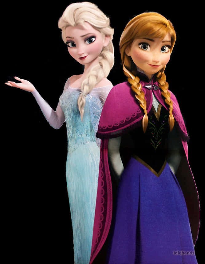 艾莎與安娜《冰雪奇緣》姐妹 壁紙 — 兩位動畫公主：艾莎穿著冰藍色長裙，安娜穿著紫色斗篷，並肩站在黑色背景前。