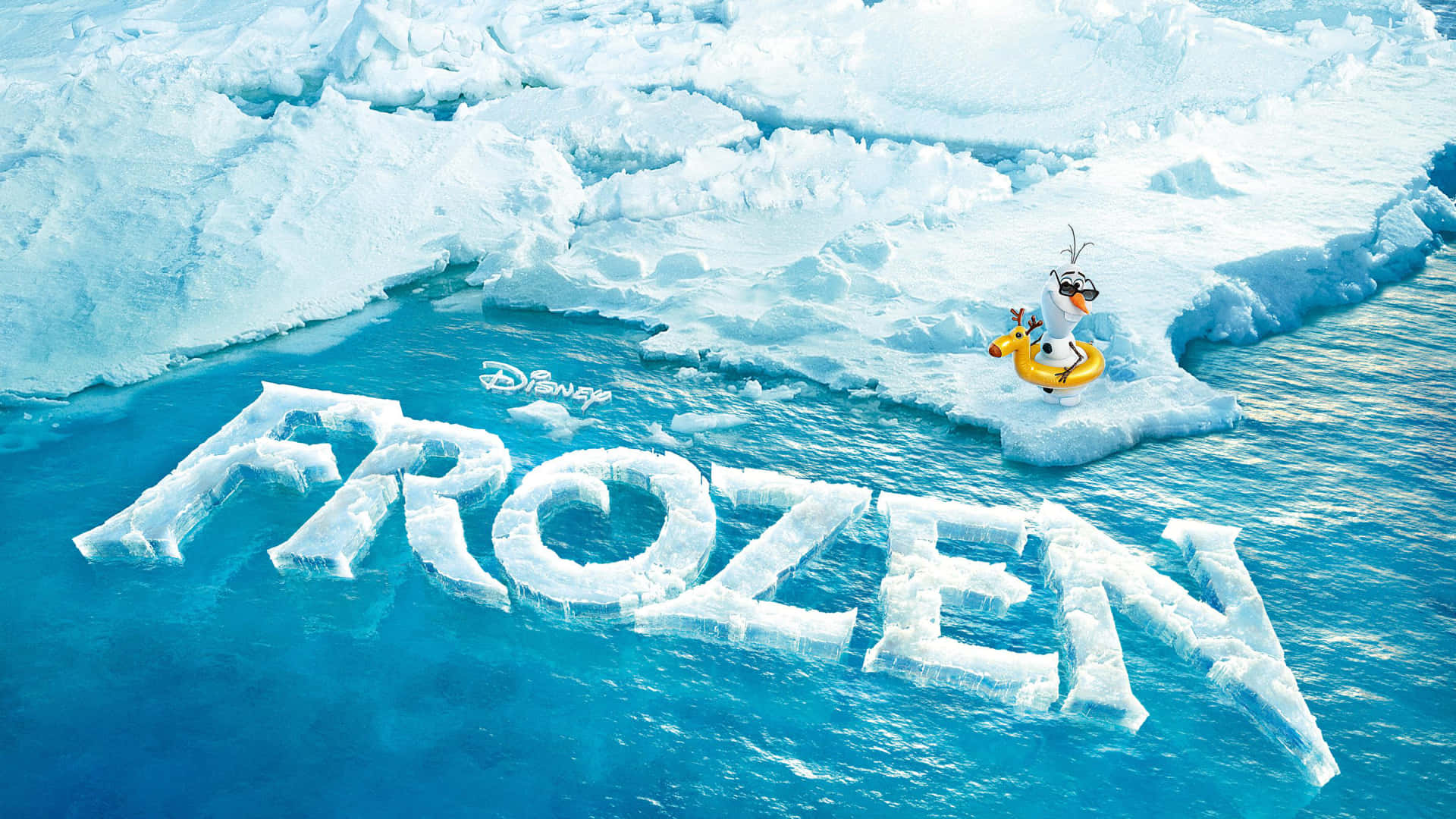 雪人 Olaf 喺 FROZEN 字附近嘅冰水上騎住黃色水泡。
