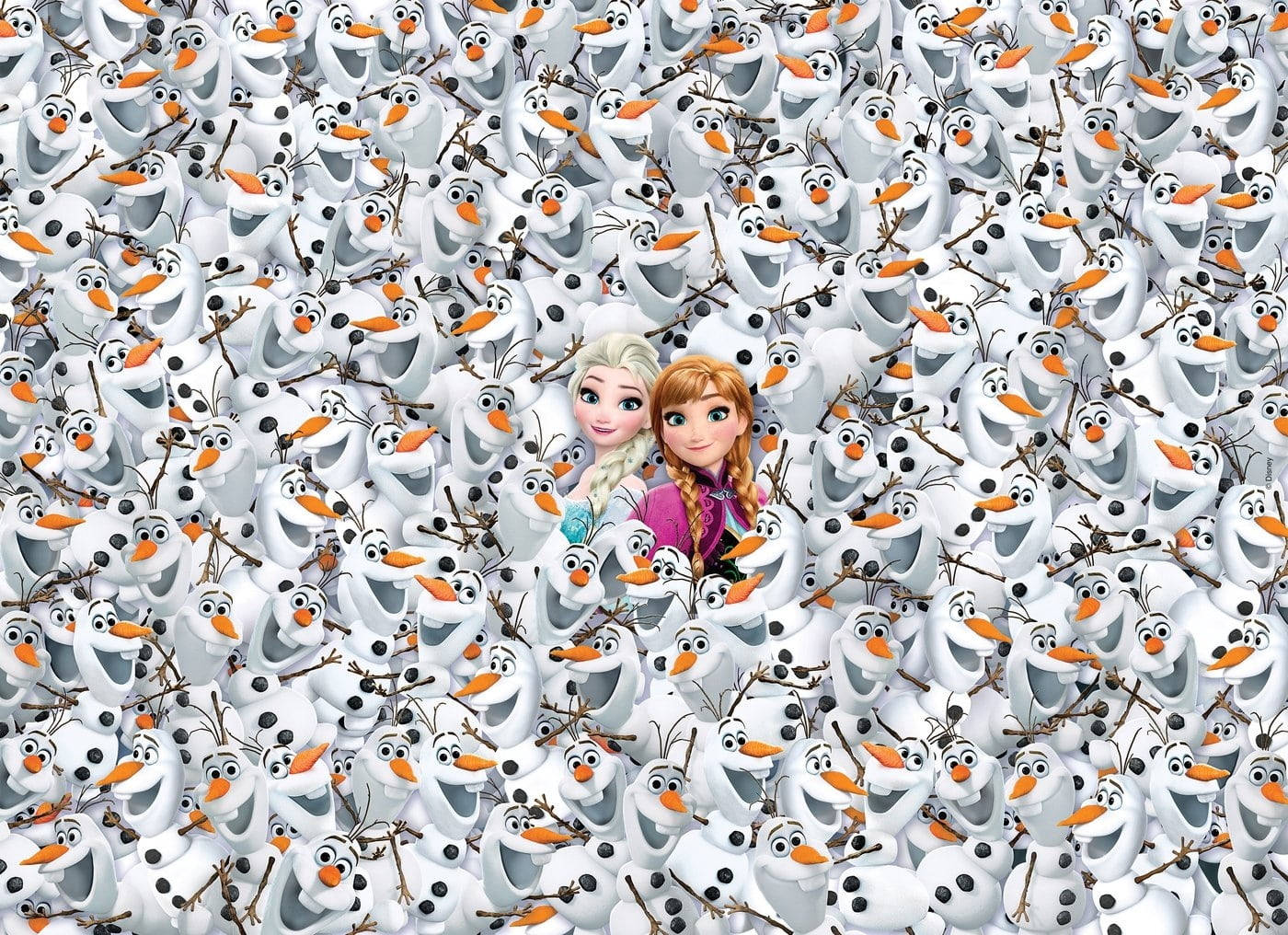 艾莎與安娜雪寶圖案 壁紙 — 愛莎與安娜在一片相同的雪人奧拉夫中脫穎而出，構成充滿活力的迪士尼《冰雪奇緣》場景。