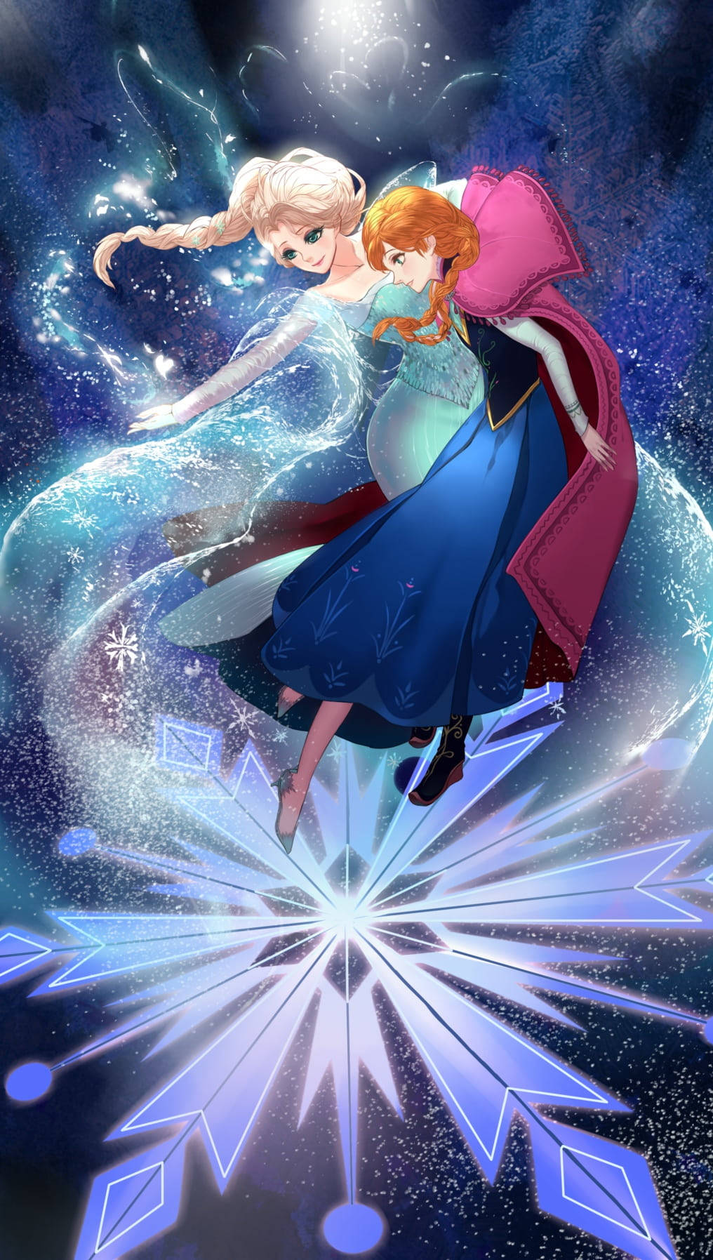 艾莎與安娜雪花 壁紙 — 愛莎與安娜在閃耀的冰魔法與雪花中漂浮，背景是繁星點點的宇宙。