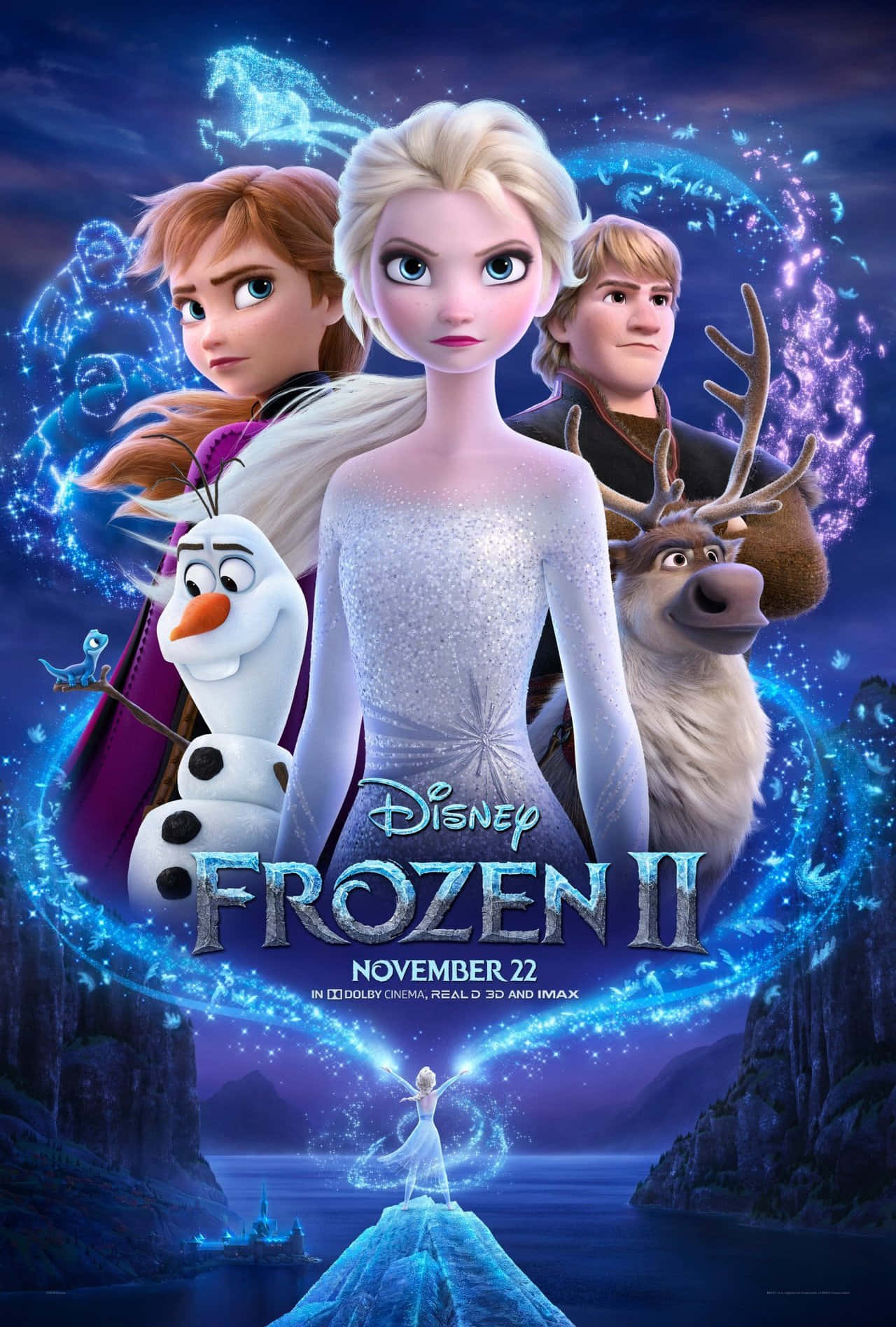 Disney 3d Movies 桌布 壁紙 — 艾莎身穿閃閃發光的禮服，威嚴地站著，魔法冰塊在她和朋友們周圍旋轉，構成一個充滿活力的奇幻場景。